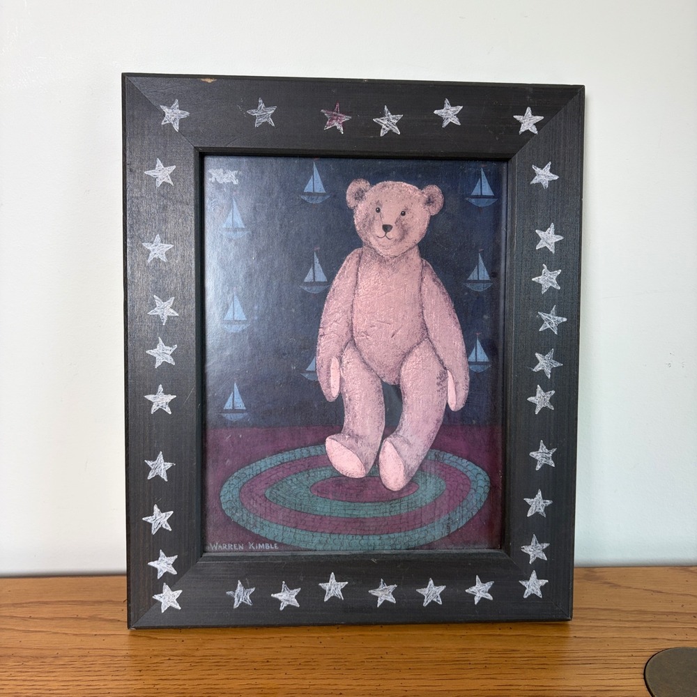 Warren Kimble Teddy Bear Sailboat Print Framed Star Border Folk Art Primitive